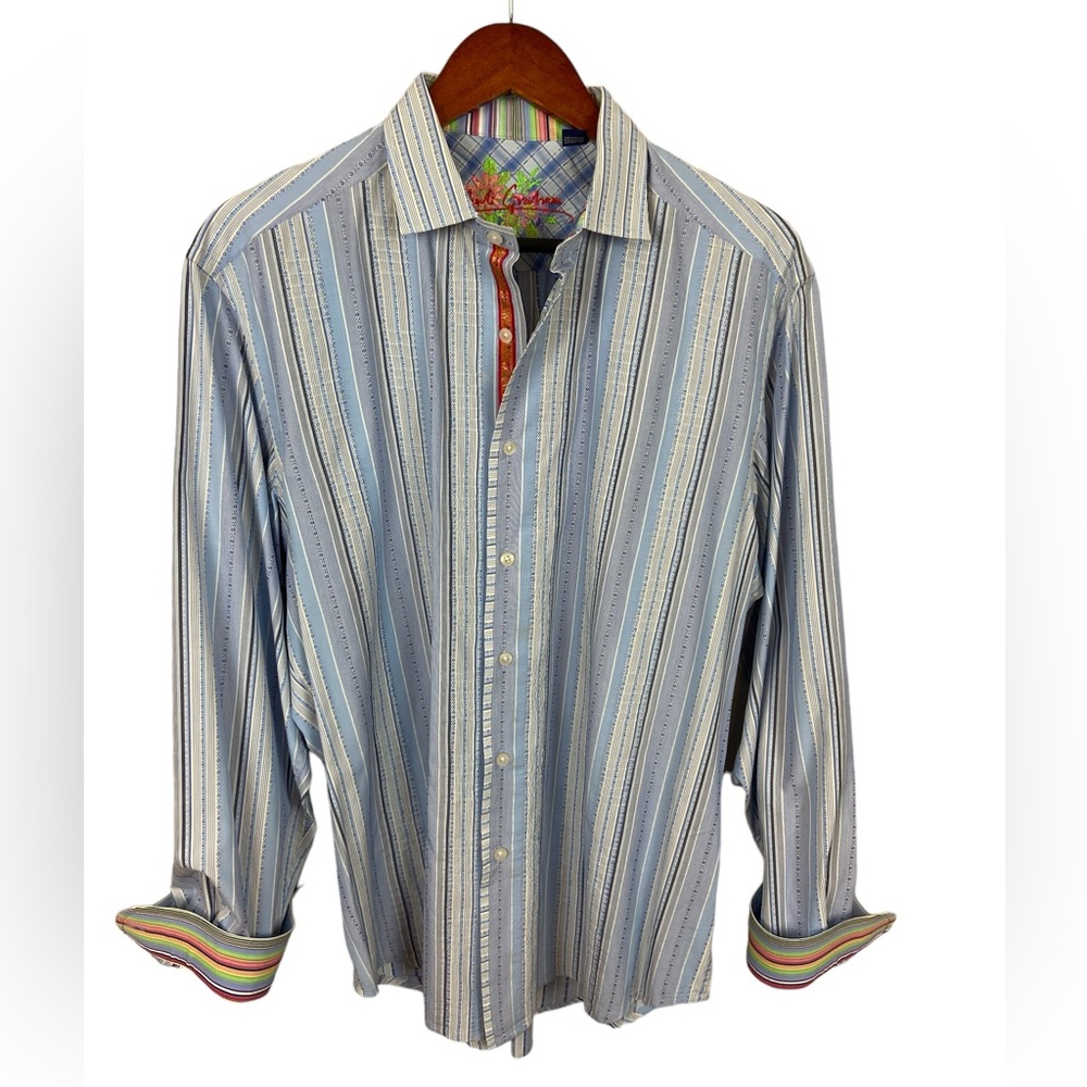 Robert Graham Men’s Large Blue and White Button Down Shirt with Flip Cuffs